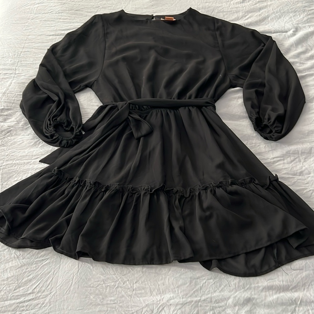Flying Tomato Black Ruffle Sheer Ballon Sleeve Belted Dress